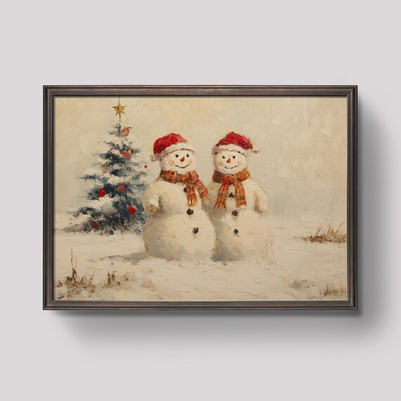 Two Happy Snowmen Beside Christmas Tree Rustic Vintage Art Poster