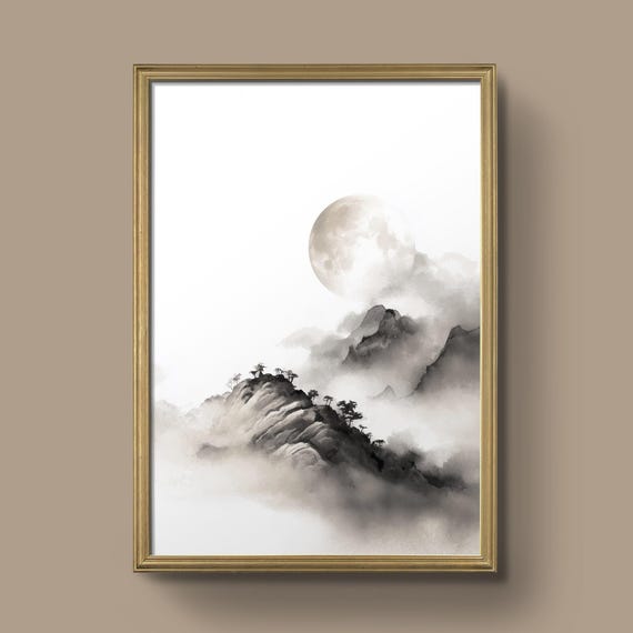 Misty Mountain Wall Art Japanese Ink Landscape Full Moon Moody Home Decor Neutral Poster Prints