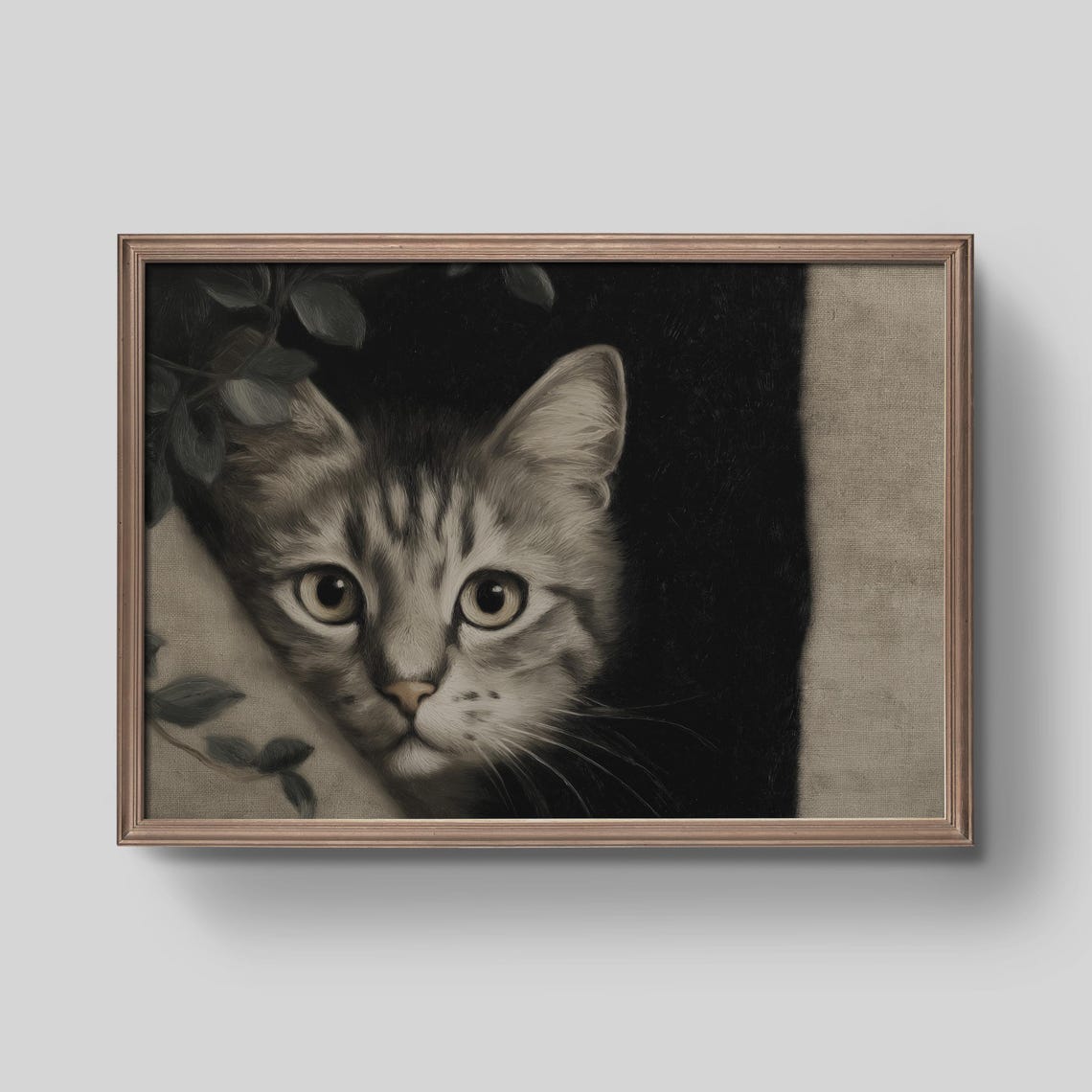Curious Tabby Cat Peeking Portrait Vintage Monochrome Wall Art Decor