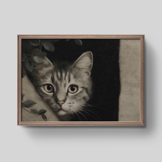 Curious Tabby Cat Peeking Portrait Vintage Monochrome Wall Art Decor