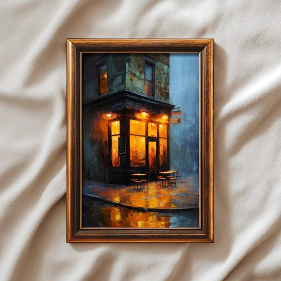 Rainy Caf Print Cozy Evening Scene Warm Light Art European Street Poster Atmospheric Wall Decor Moody Urban Prints