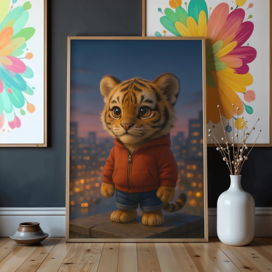 Cute Tiger Cub Red Hoodie Rooftop Night City Cozy Nursery Wall Art