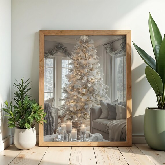 White Christmas Tree Cozy Living Room Neutral Holiday Decor Poster