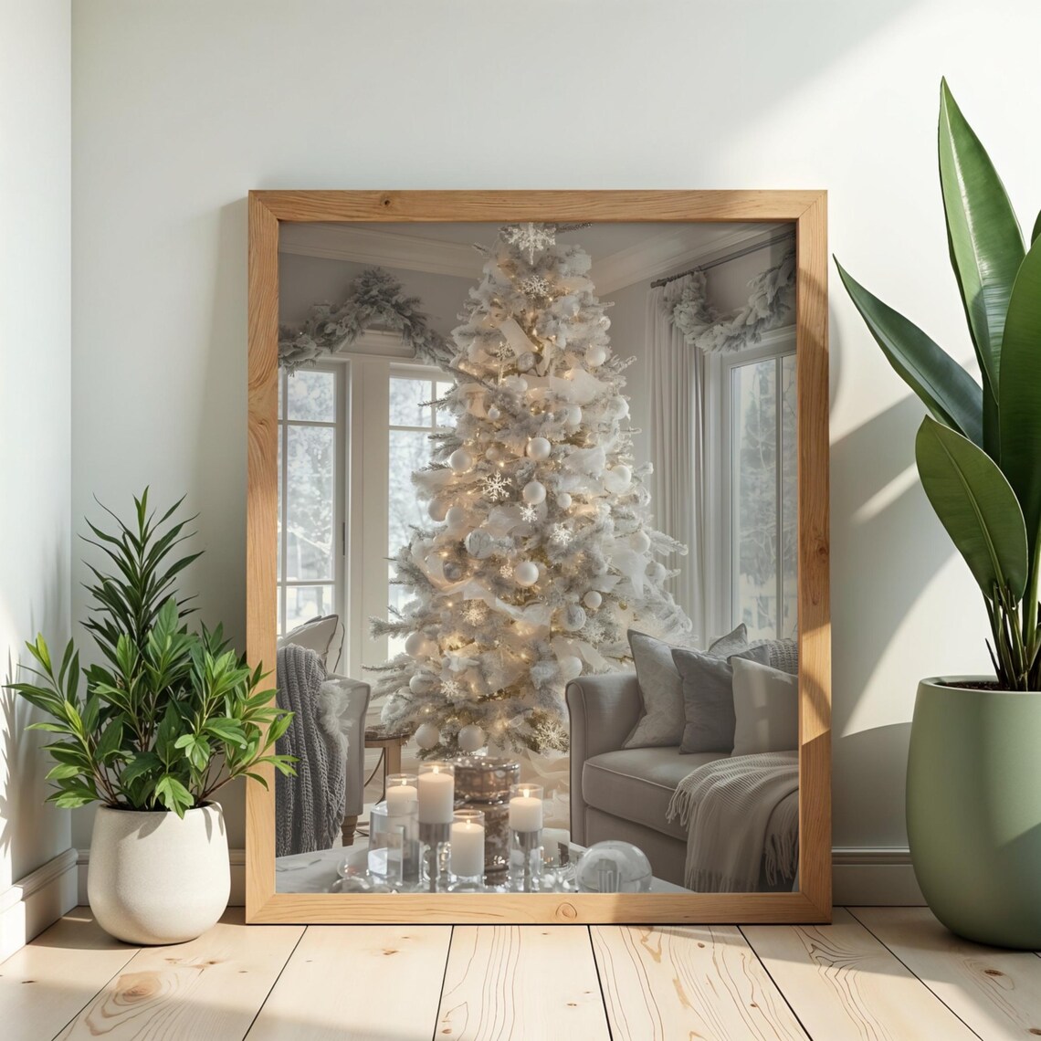 White Christmas Tree Cozy Living Room Neutral Holiday Decor Poster