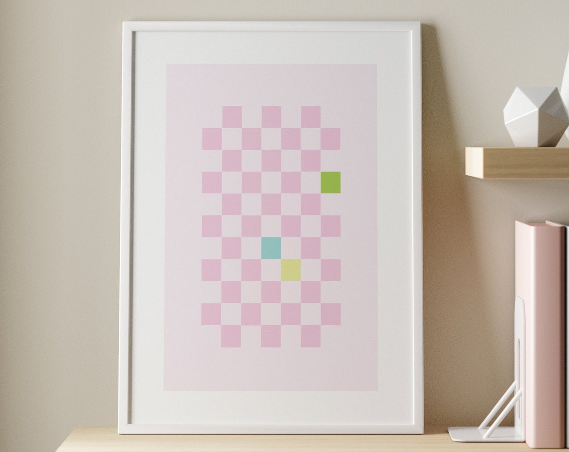 Playful Pink Checkerboard Minimalist Retro Squares Art Poster