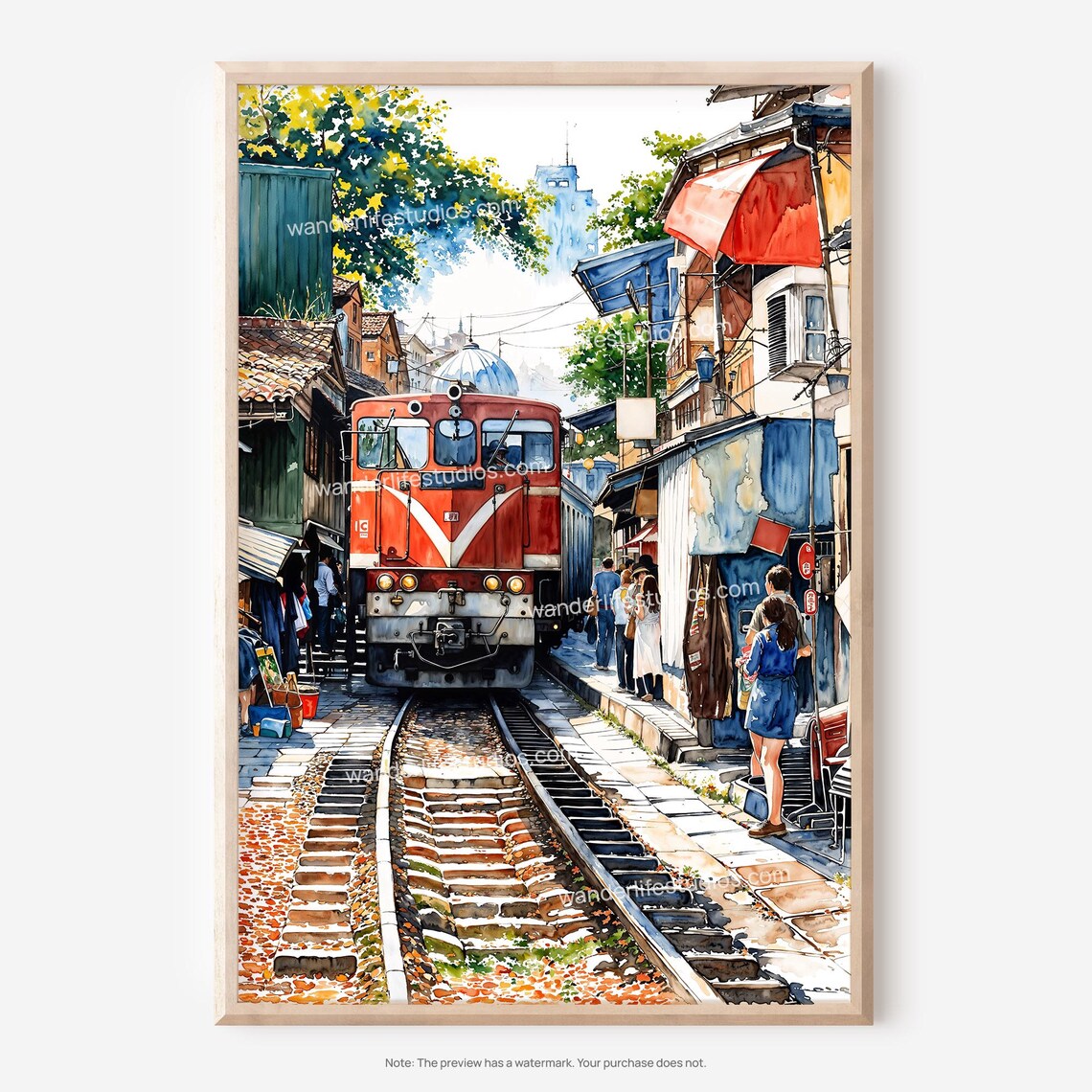 Hanoi Train Street Vietnam Old Town Watercolor Travel Poster