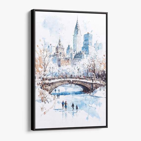 Central Park Winter Snow Bow Bridge New York Watercolor Poster