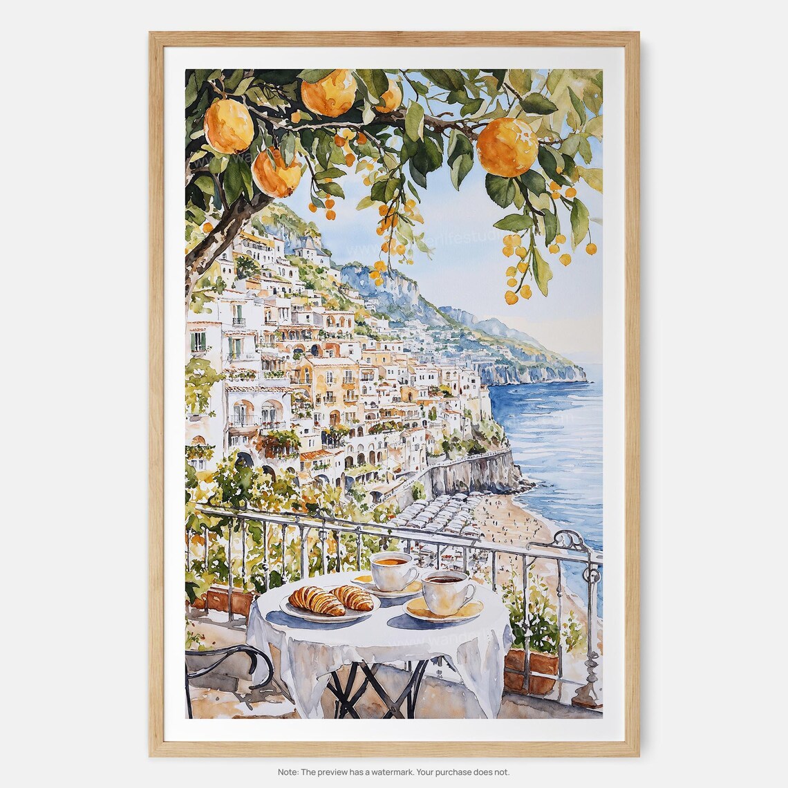 Morning Coffee in Amalfi Coast Watercolor Art Print