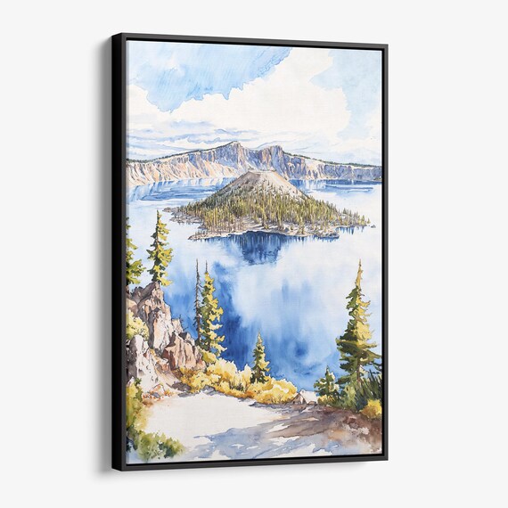 Crater Lake Oregon Watercolor Autumn Pines Island View Wall Art
