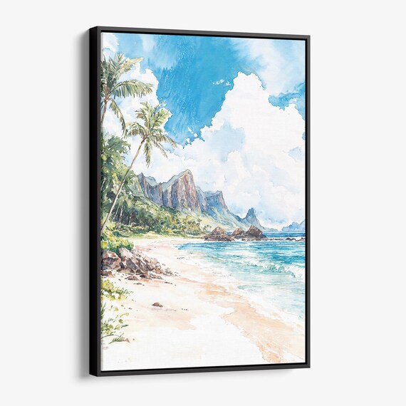 Tropical Beach Watercolor Mountain Palms Turquoise Sea Poster