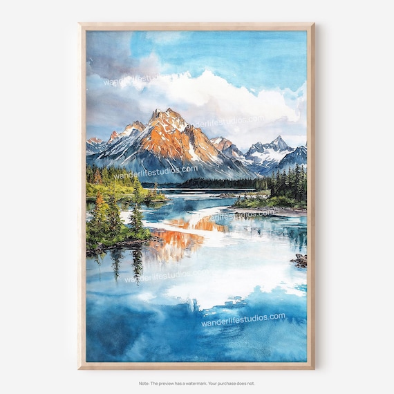 Alpine Mountain Lake Reflection Watercolor Pine Forest Landscape Poster