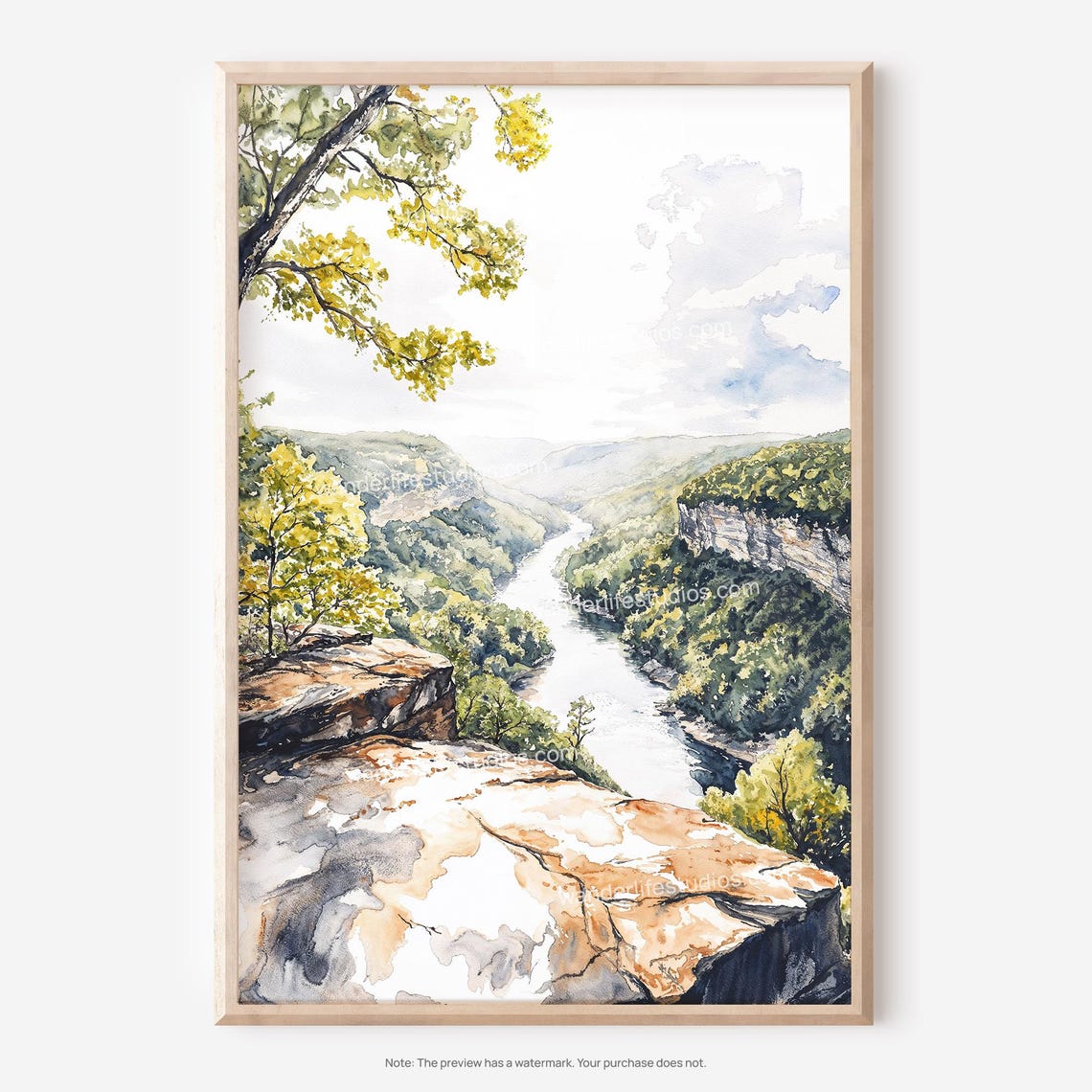 New River Gorge Watercolor River Valley Cliffs Landscape Poster