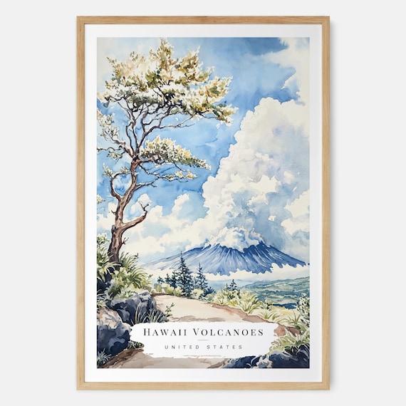 Hawaii Volcanoes Mountain Peak Cloud Tropical Watercolor Poster