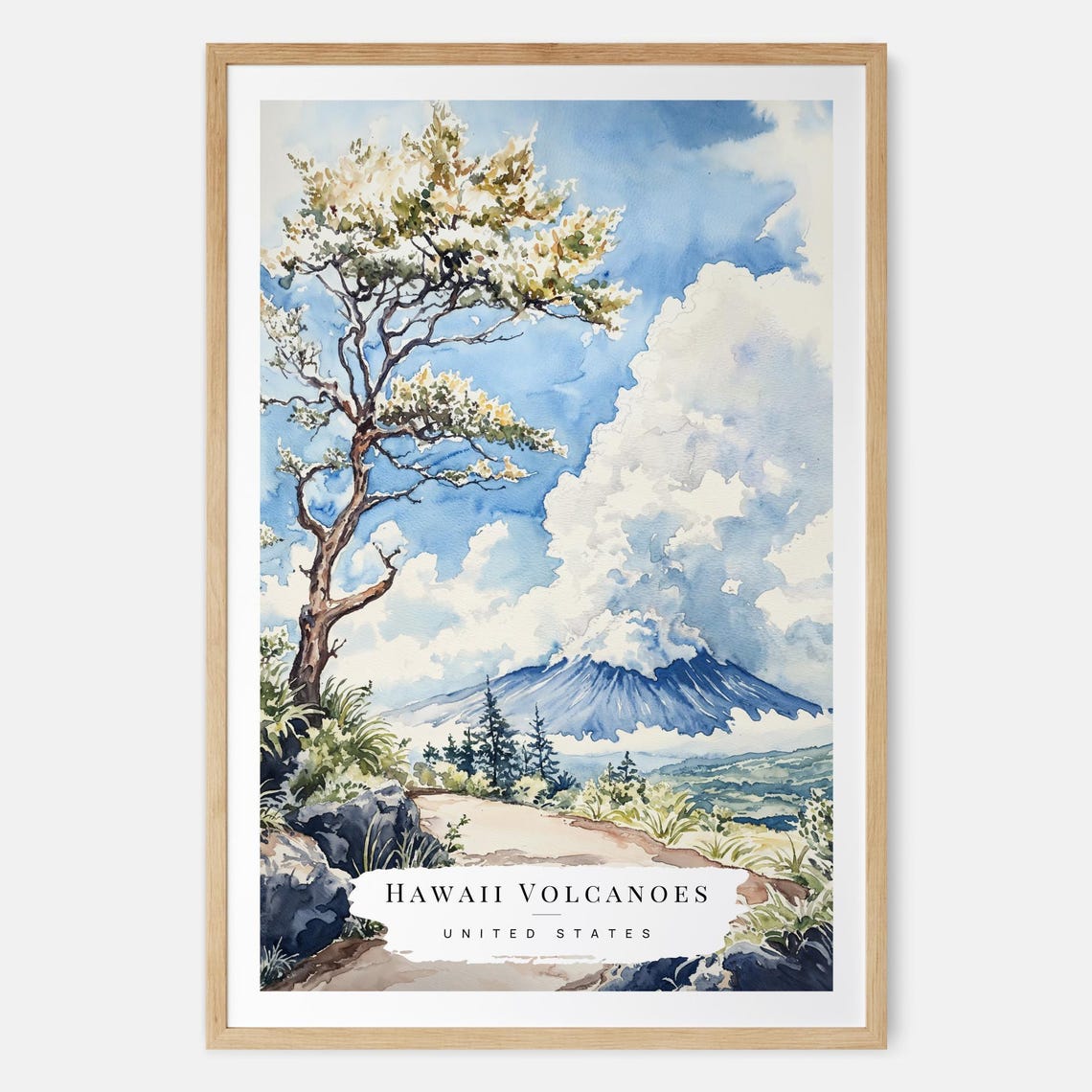 Hawaii Volcanoes Mountain Peak Cloud Tropical Watercolor Poster