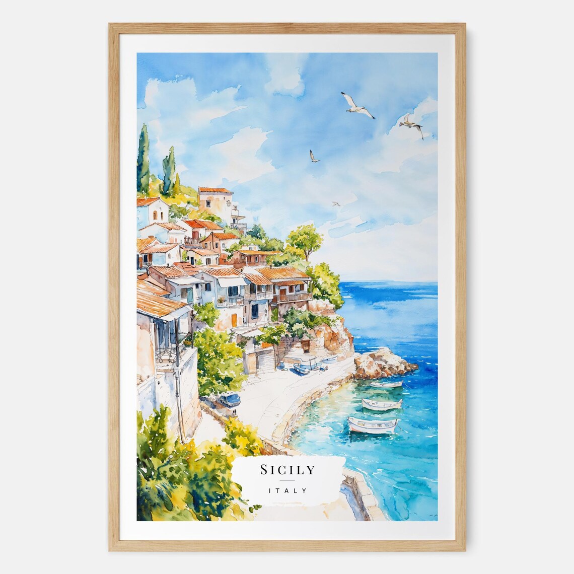 Sicily Italy Watercolor Coastal Village Seaside Travel Poster