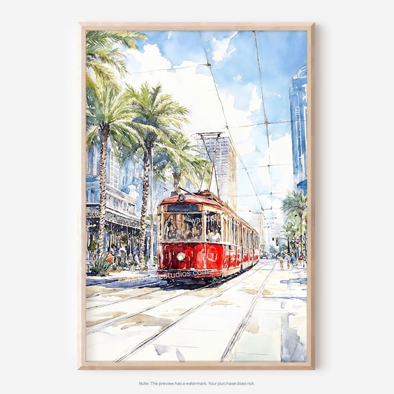 Vintage Red Streetcar Watercolor Urban Transport Travel Poster
