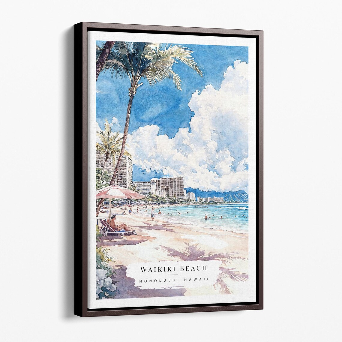Waikiki Beach Honolulu Hawaii Palm Ocean Watercolor Travel Poster