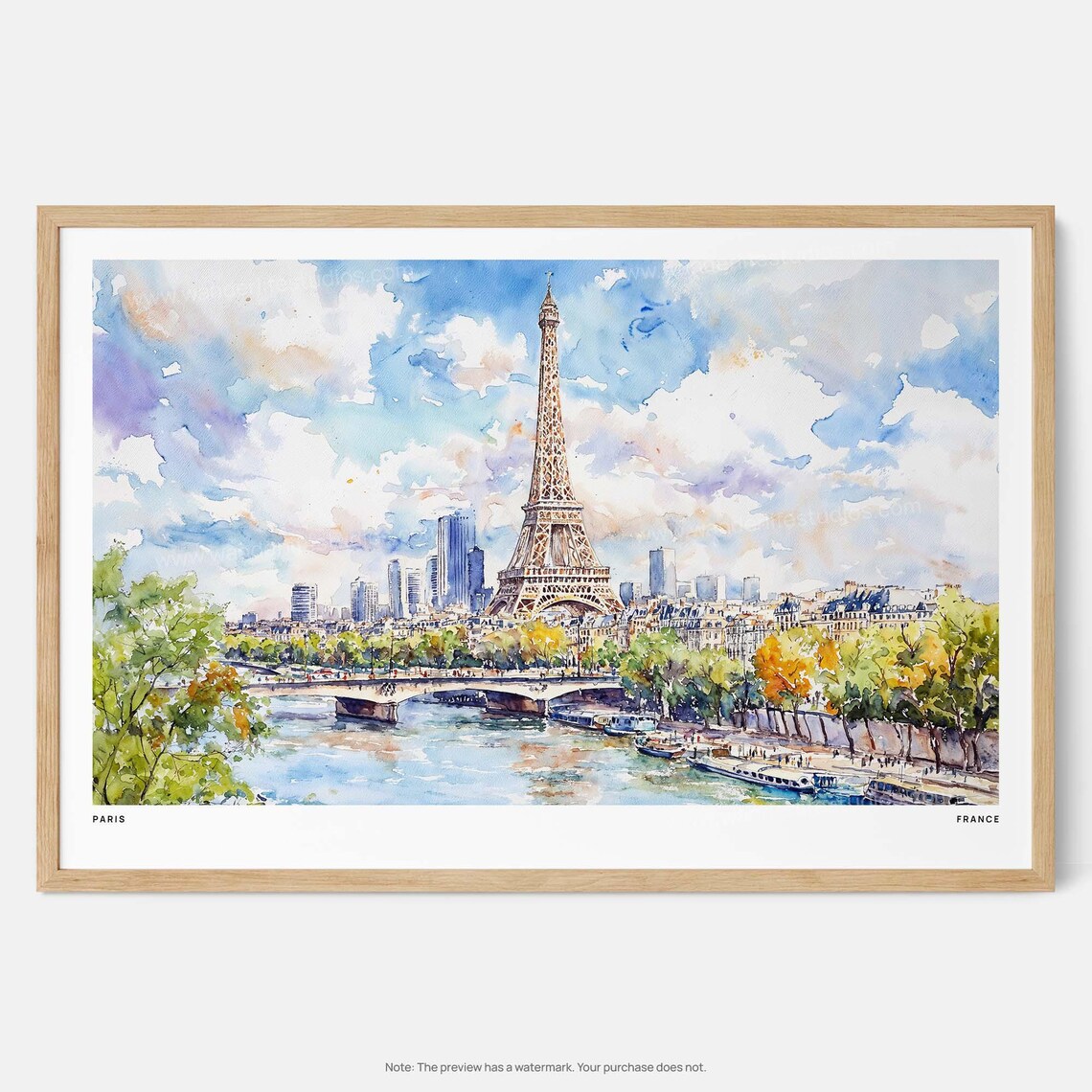 Eiffel Tower Watercolor Art Print, Paris Cityscape