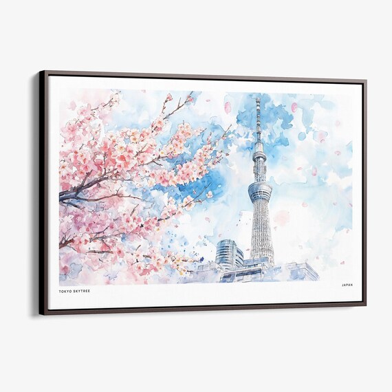 Pink Tokyo Skytree Cherry Blossom Watercolor Spring Japan Poster