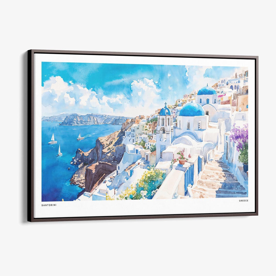 Santorini Greece Blue Dome Churches Aegean Sea Watercolor Poster
