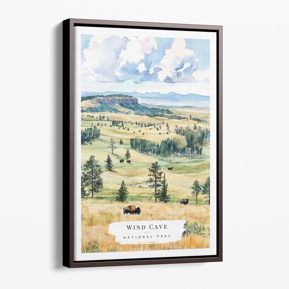 Wind Cave National Park Prairie Bison Watercolor Travel Poster