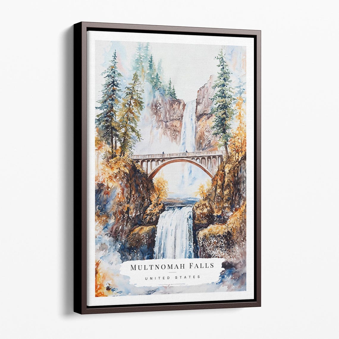 Multnomah Falls Watercolor Waterfall Bridge Scenic Nature Poster
