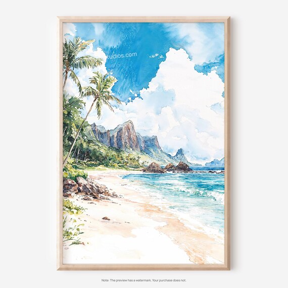Tropical Beach Watercolor Poster Palm Trees Coastal Cliffs Paradise Art