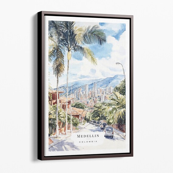 Medellin Watercolor Canvas Art Print Cityscape Wall