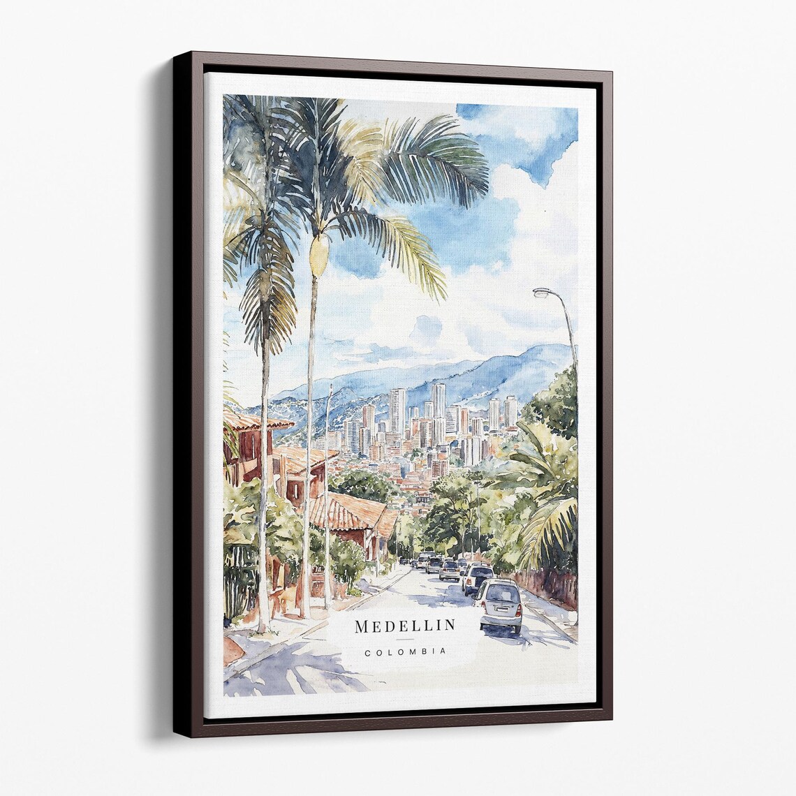 Medellin Colombia Watercolor Palm Street Cityscape Travel Poster