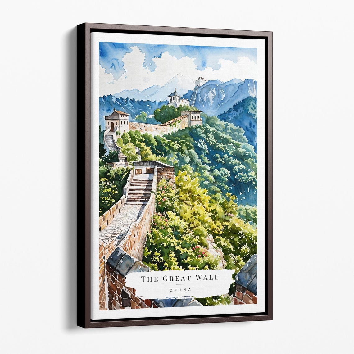 The Great Wall China Watercolor Poster With Green Mountain Towers