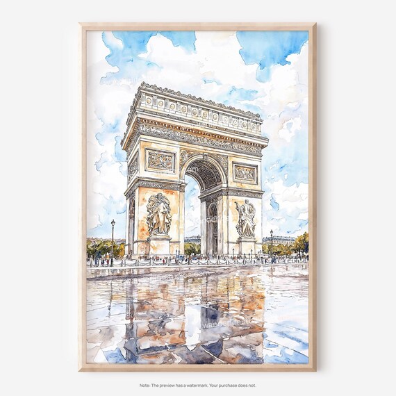 Arc De Triomphe Paris France Watercolor Landmark Reflection Poster