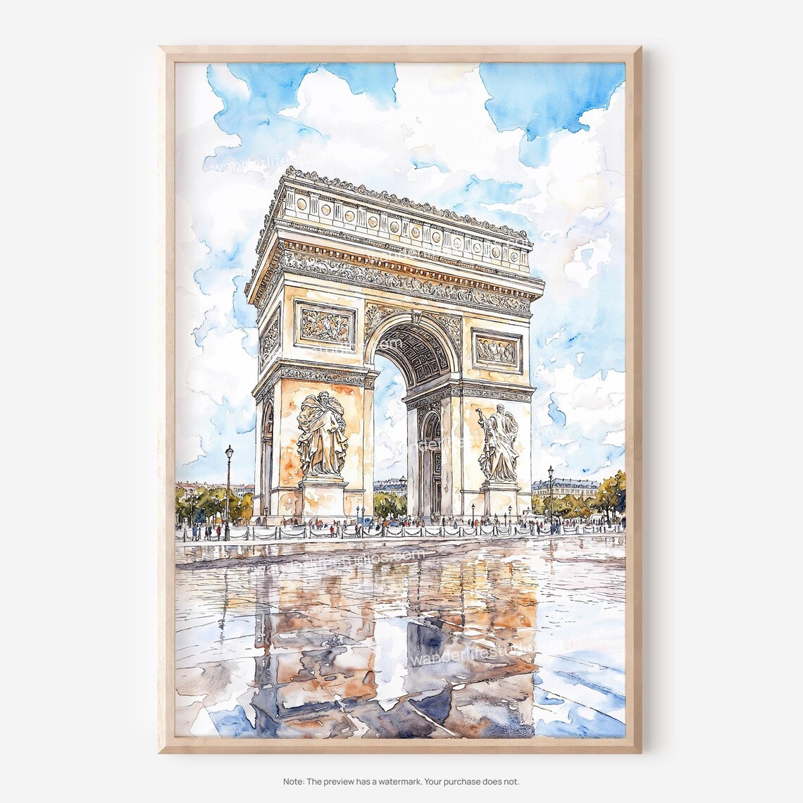 Arc De Triomphe Paris France Watercolor Landmark Reflection Poster