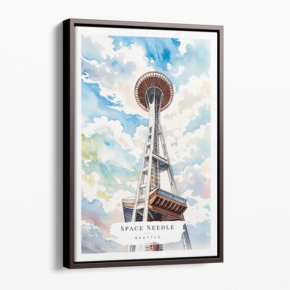 Seattle Space Needle Watercolor Iconic Tower Cloudy Sky Travel Poster