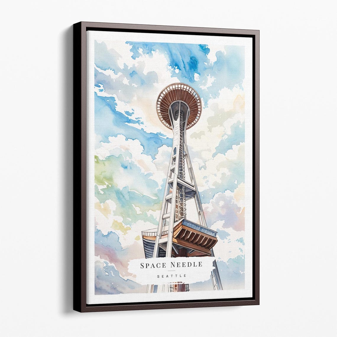 Seattle Space Needle Watercolor Iconic Tower Cloudy Sky Travel Poster