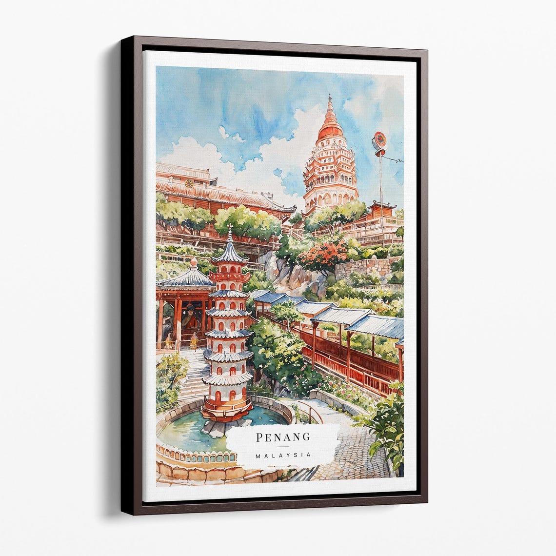 Penang Malaysia Watercolor Temple Pagoda Travel Scene Poster