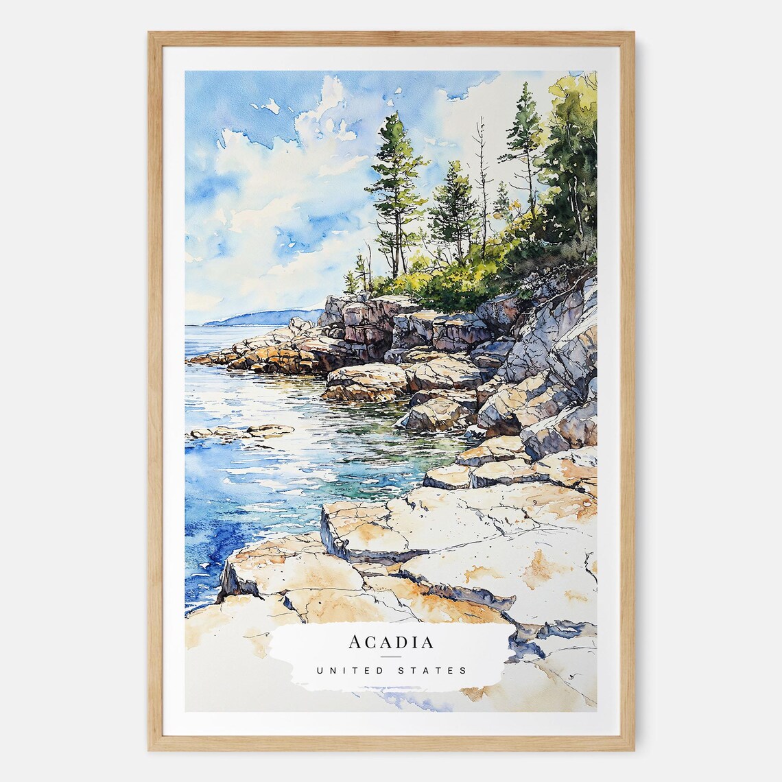 Acadia National Park Watercolor Art Print, Travel Poster