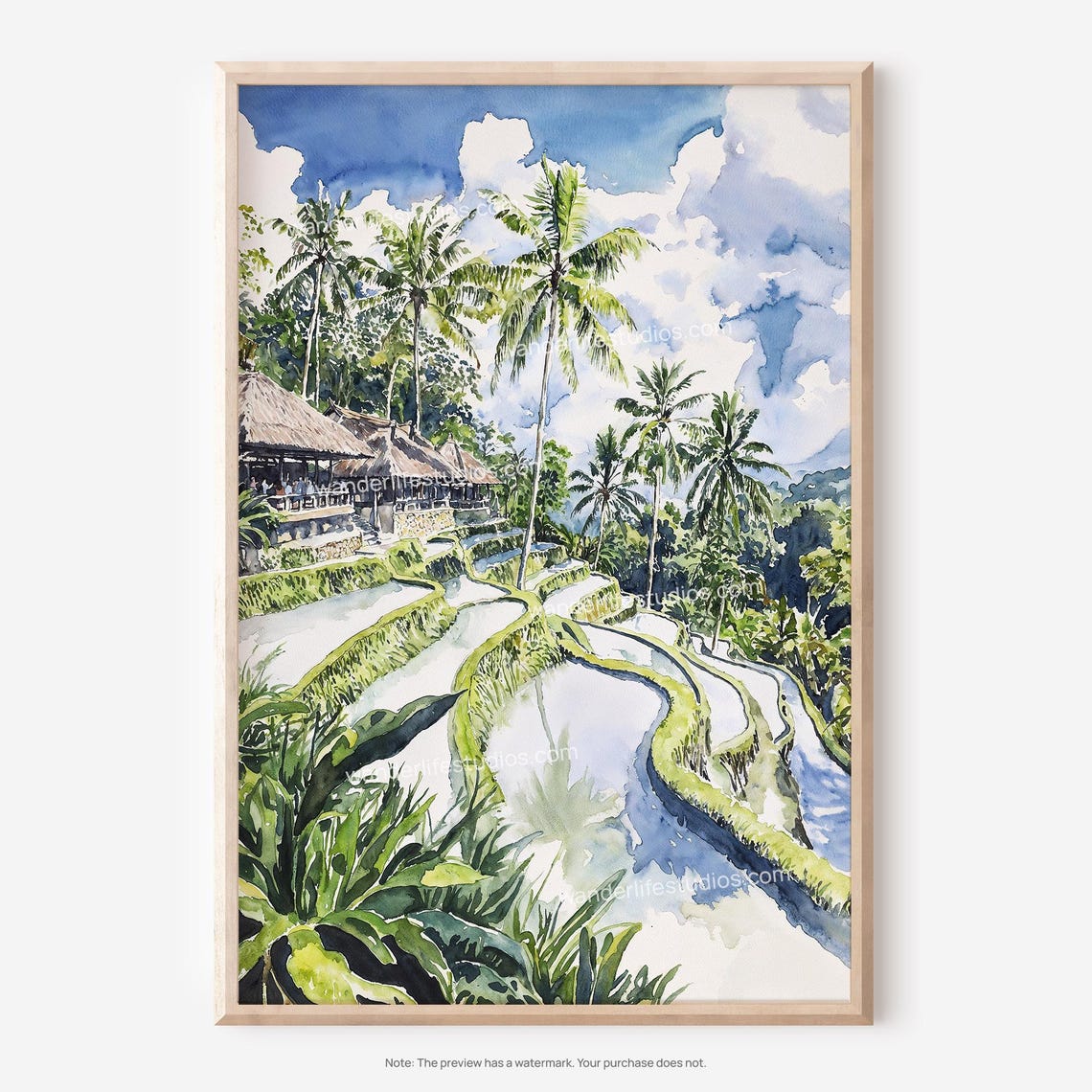 Tegallalang Rice Terrace Bali Watercolor Palm Trees Travel Poster