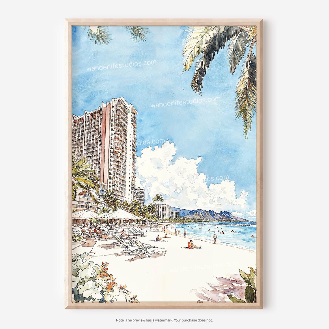 Maui Hawaii Beach Palm Trees Oceanfront Watercolor Travel Poster