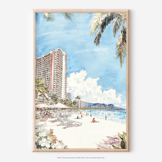 Maui Hawaii Beach Palm Trees Oceanfront Watercolor Travel Poster