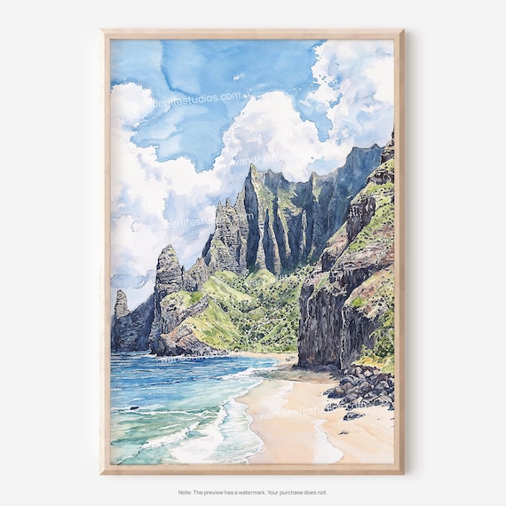 Na Pali Coast Kauai Dramatic Green Cliffs Beach Watercolor Poster