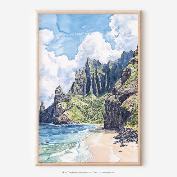 Na Pali Coast Wall Art Tropical Watercolor