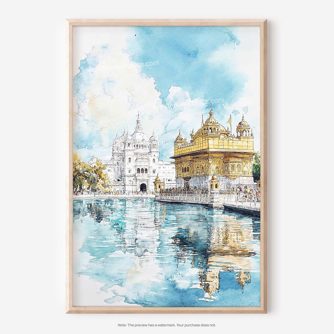 Golden Temple Amritsar Blue Sky Watercolor Temple Pool Poster