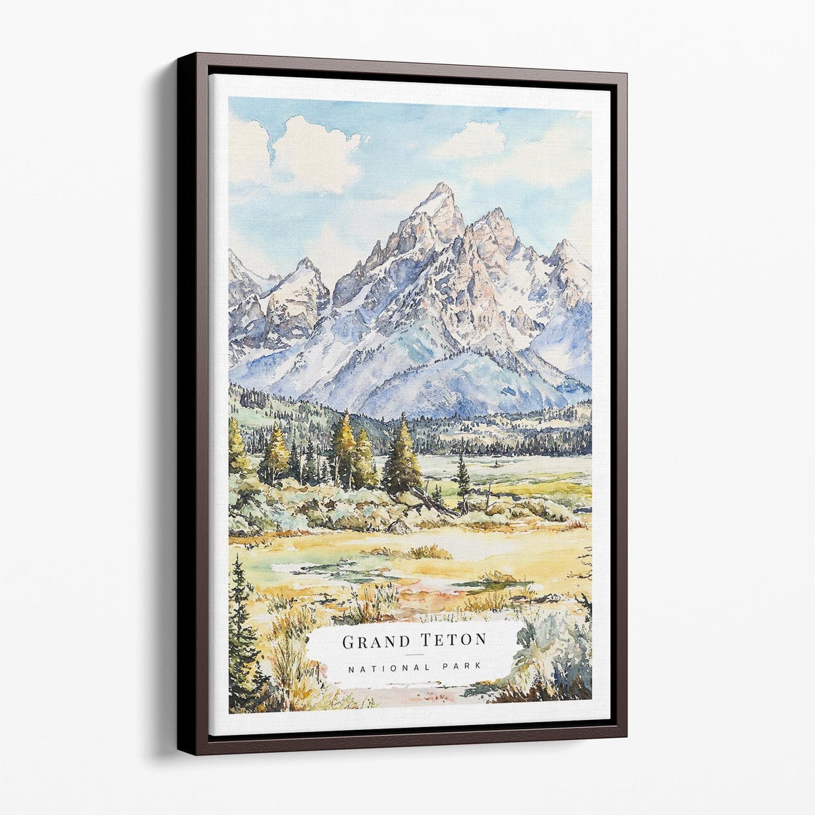 Grand Teton National Park Mountain Peaks Watercolor Travel Poster