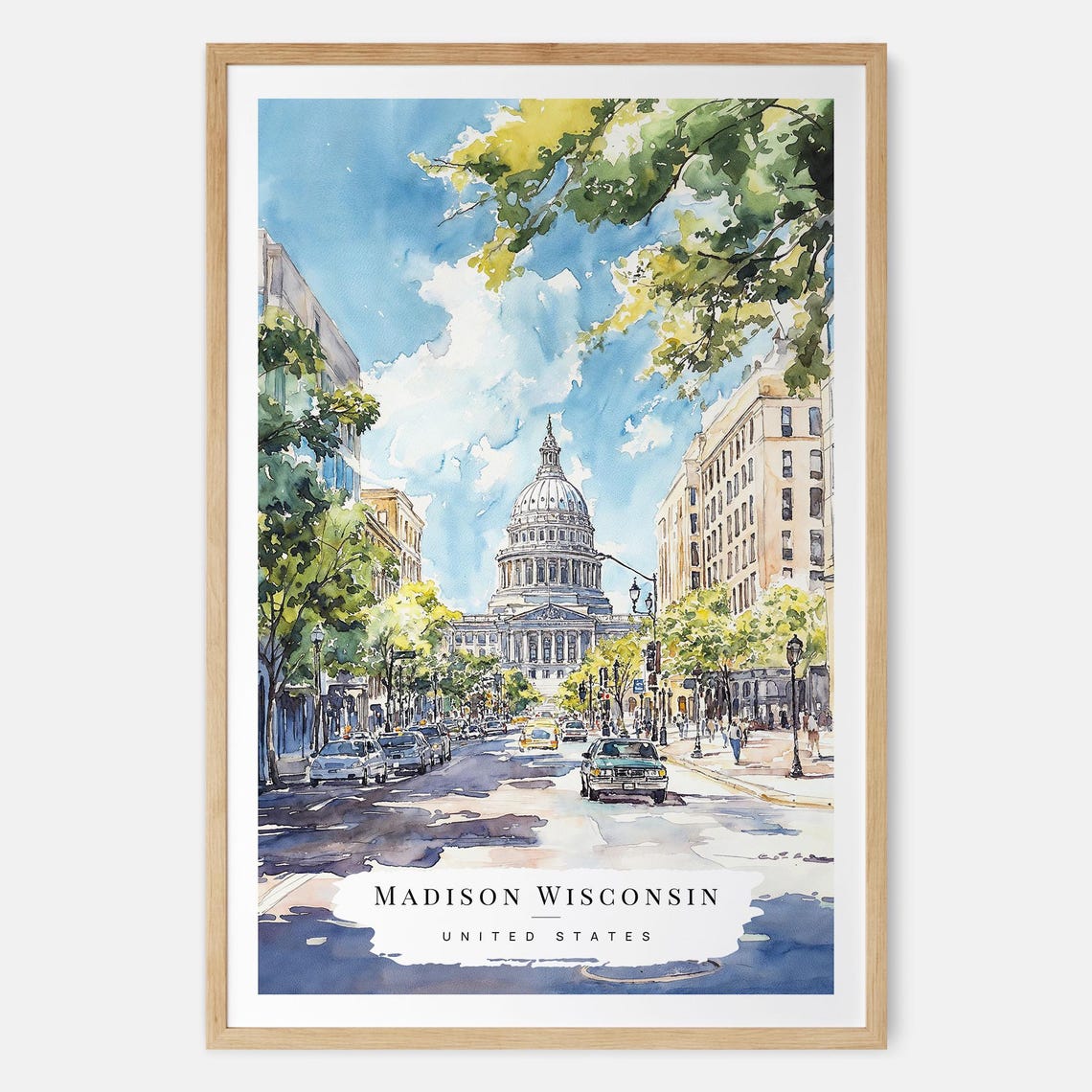 Madison Wisconsin Capitol Building State Street Watercolor Poster