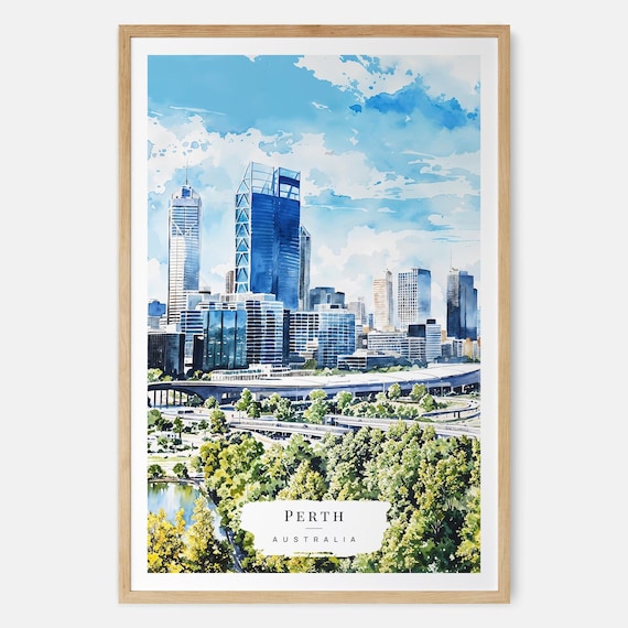 Perth Watercolor Art Australia City Wall Skyline Print Gift Travel Decor New Home Urban