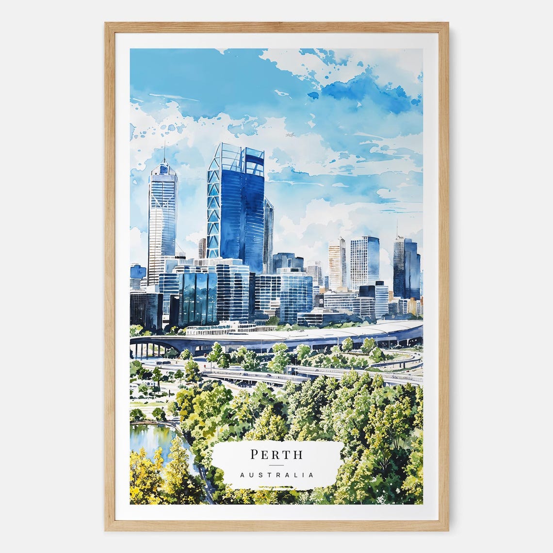 Perth Australia Skyline Watercolor Modern Cityscape Travel Poster