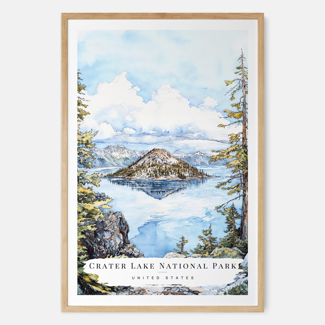 Crater Lake National Park Watercolor Mirror Lake Travel Poster