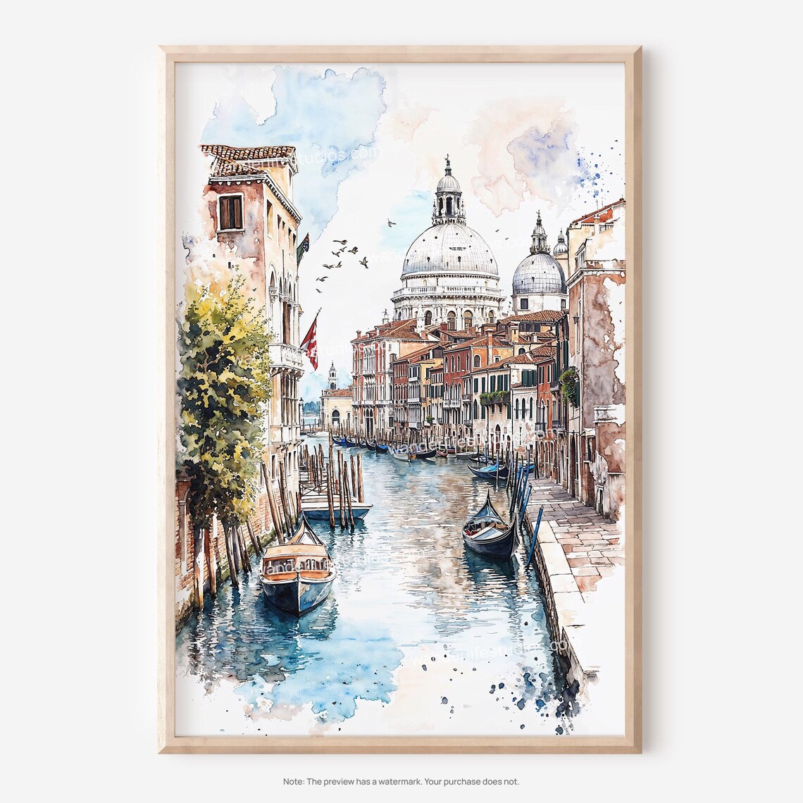 Venice Canal Watercolor Poster Gondola Basilica Dome Italian City Art