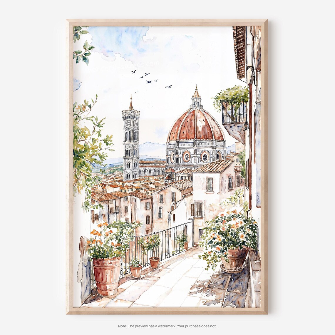 Florence Cathedral Duomo Watercolor Terrace Tuscany Italy Poster