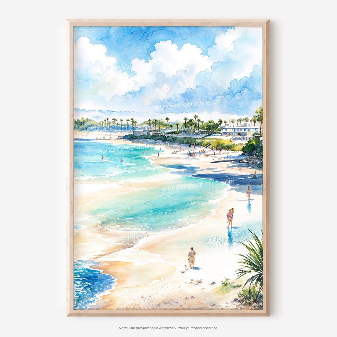 San Diego Beach Watercolor Beachgoers Palms Turquoise Ocean Poster